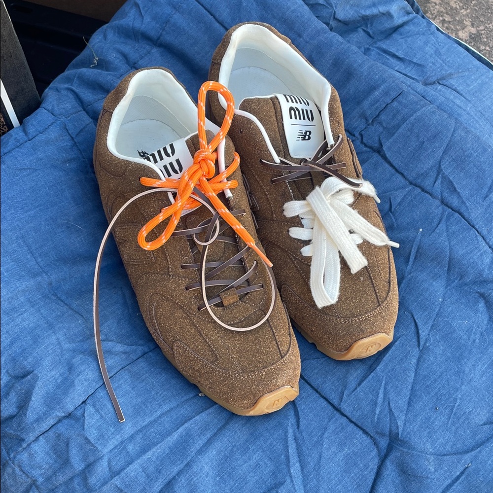 Miu Miu Brown Sneakers with Orange and Cream Laces